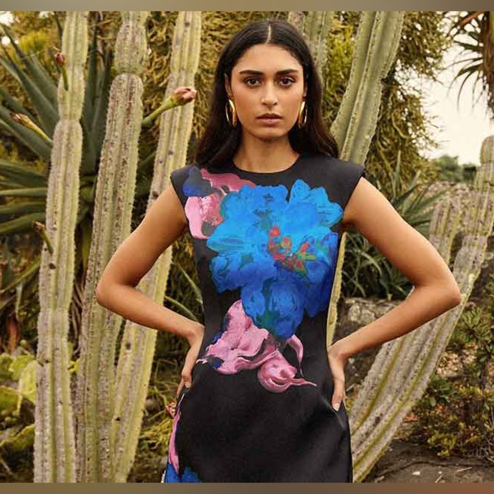 NWT Rebecca Vallance Acid Wash Floral Black A Line Mini Dress Blue Pink 6